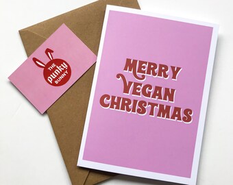 Merry Vegan Christmas Holidays Retro Pink Greeting Card