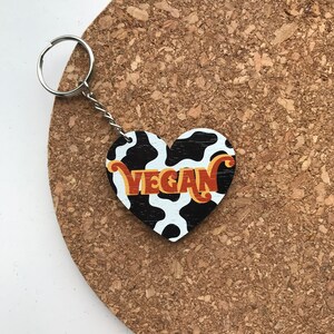 Vegan Cow Heart Retro Keyring Wood Gift Orange