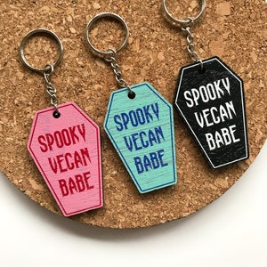 Spooky Vegan Babe Pink Coffin Halloween Keyring Wood Gift image 2