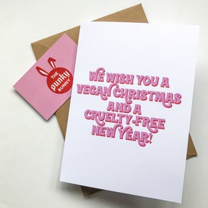 Merry Vegan Christmas New year Holidays Retro Pink Greeting Card image 1