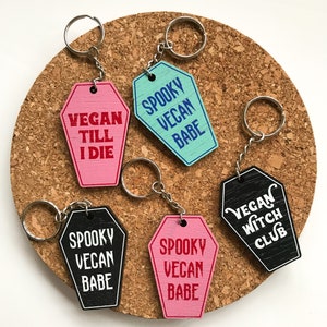 Spooky Vegan Babe Pink Coffin Halloween Keyring Wood Gift image 3