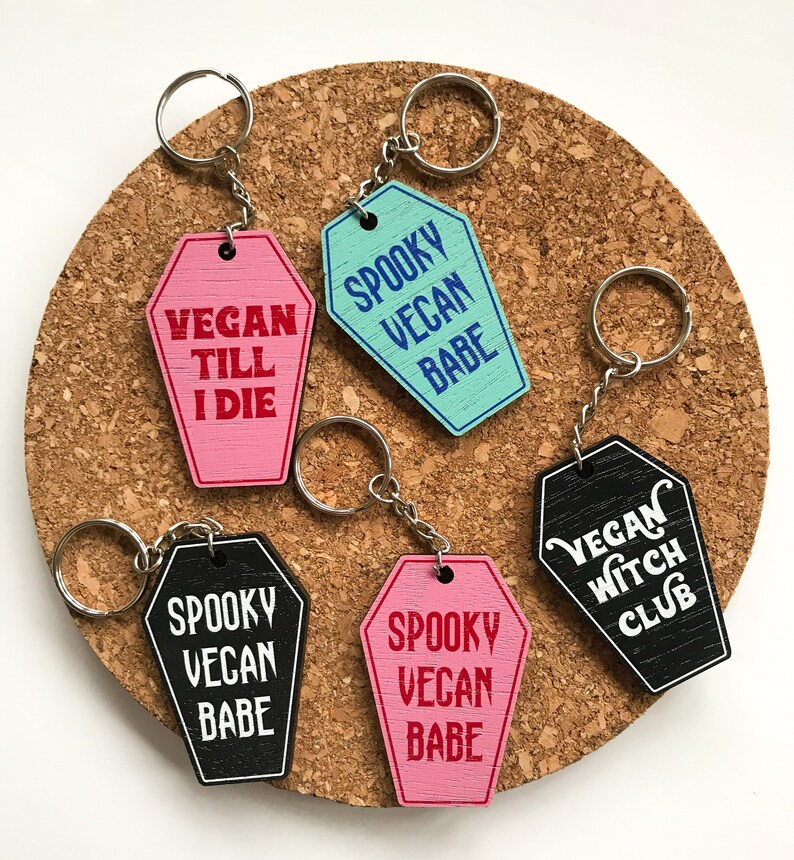 Spooky Vegan Babe Pink Coffin Halloween Keyring Wood Gift image 3