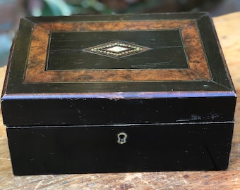 Marquetry Wood Writing Box, Dark Brown/Black, Mother of Pearl, Brass Inlay, Office Storage, 9" W x 6 1/4" Depth x 4 1/4" H, Early 1900s