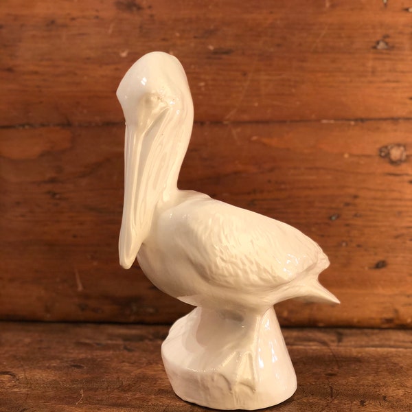 Vintage Ceramic Pelican, Large Figurine, White, Stork Figurine, Florida, Pelican, Stork Planter, Nursery Storage, 12" X 4"