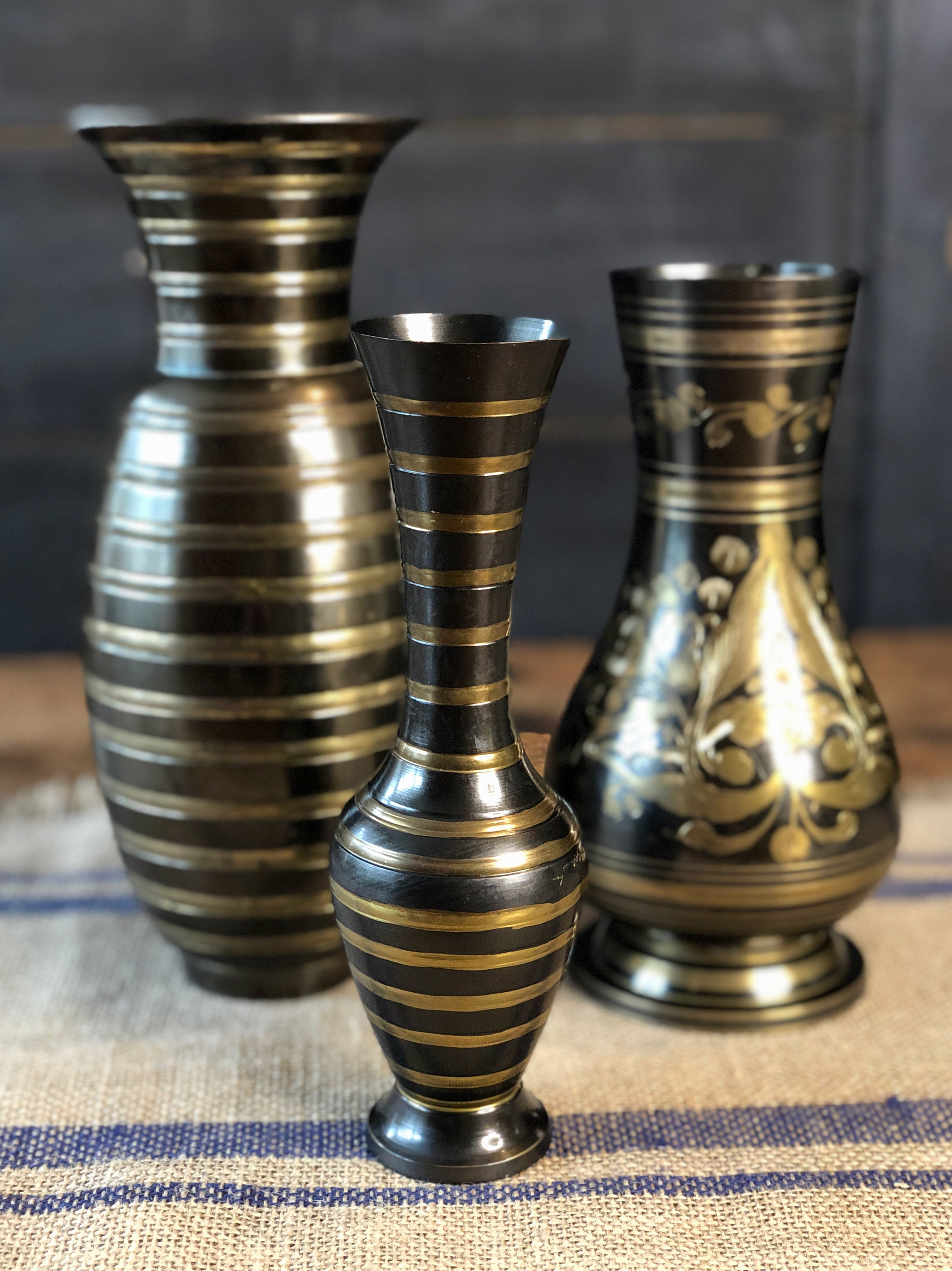 Brass Vases Set of 3 Black and Brass Vase Set Striped Gold Etsy