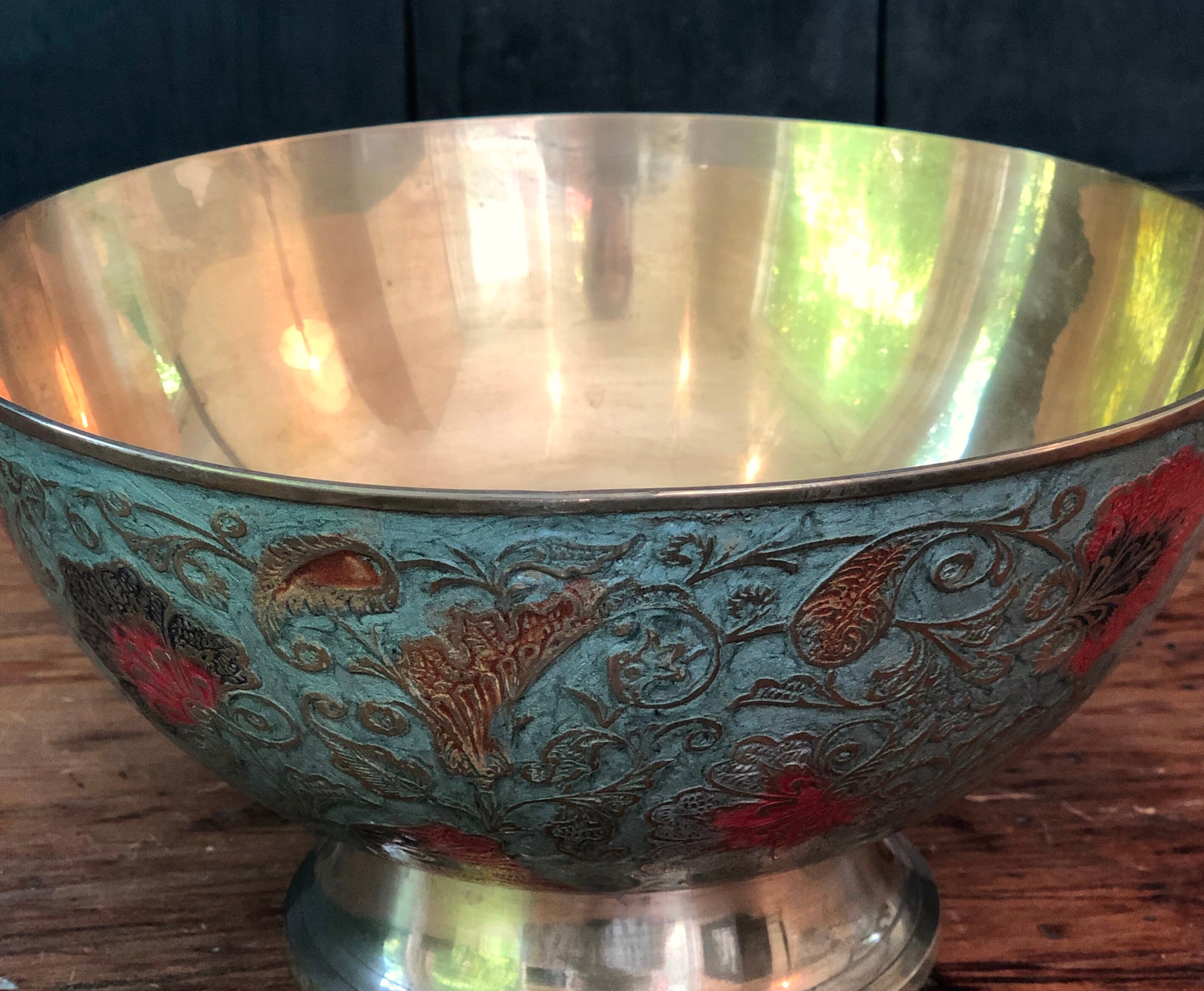 Brass Bowl Large Turquoise Cloisonne Bowl With Red Floral Etsy