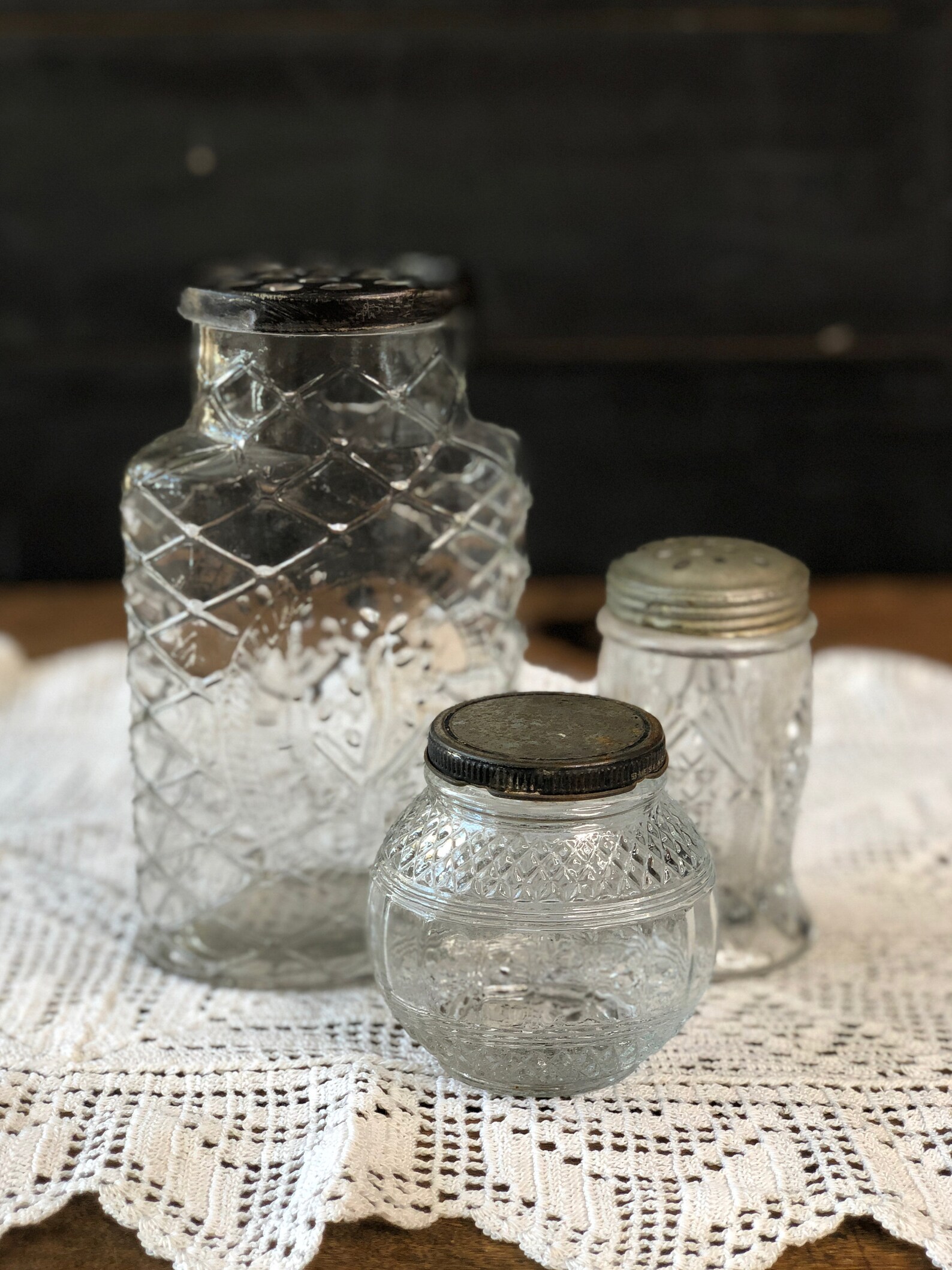 Glass Vanity Jars Set of 3 Pressed Glass Jars Embossed Etsy