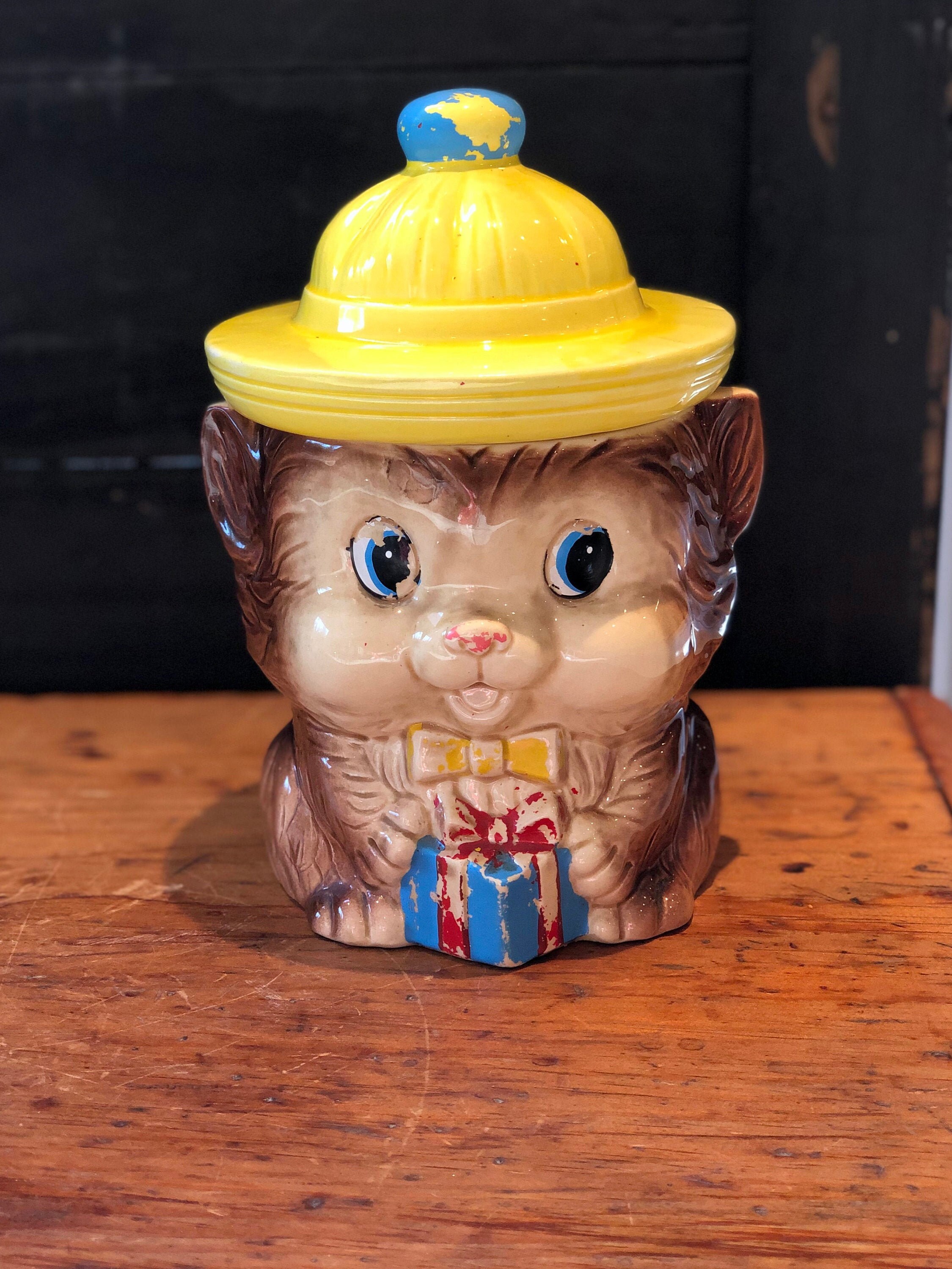 Cat Cookie Jar Kitten Biscuit Jar Kitchen Storage Yellow Etsy
