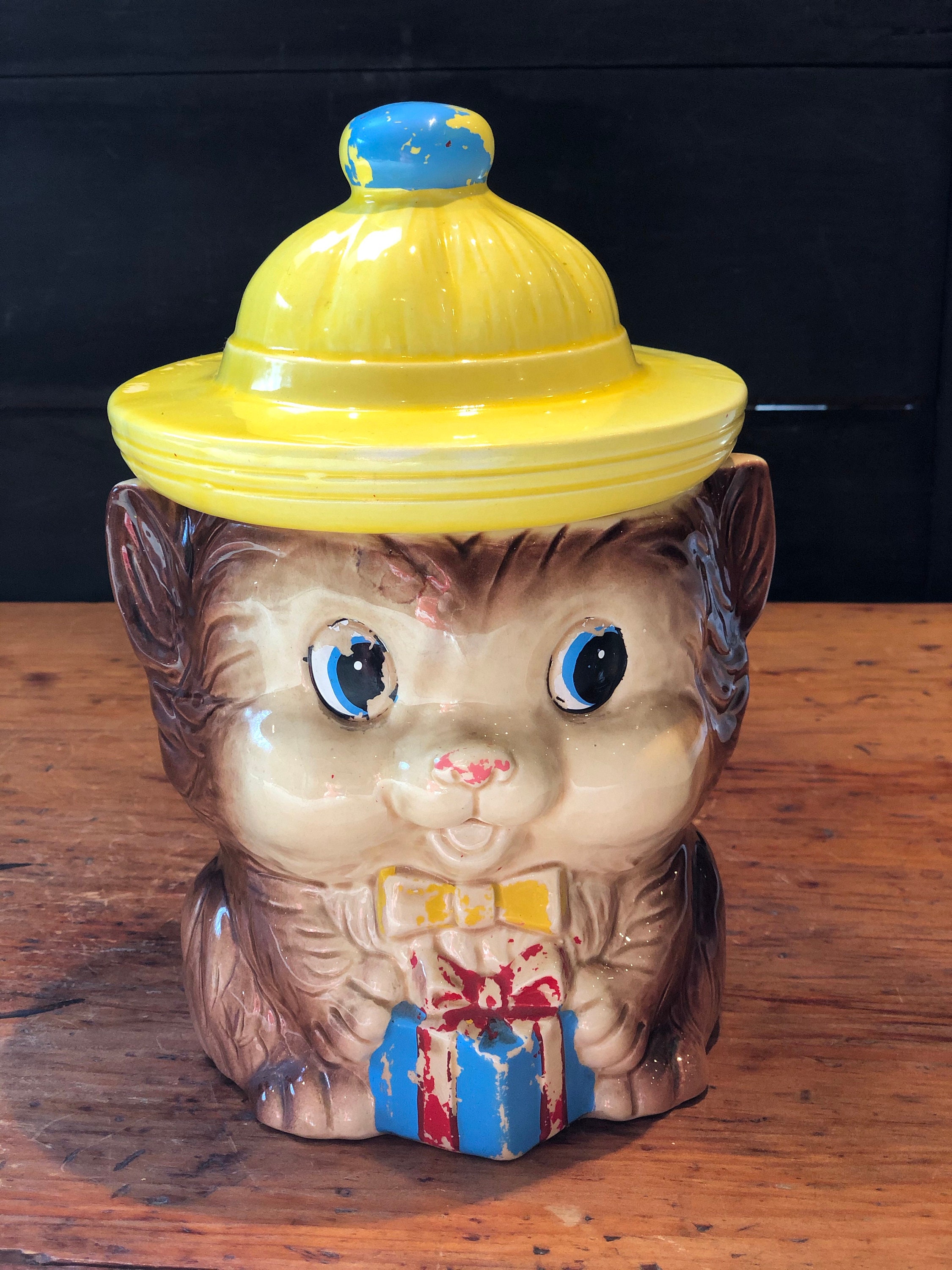 Cat Cookie Jar Kitten Biscuit Jar Kitchen Storage Yellow | Etsy