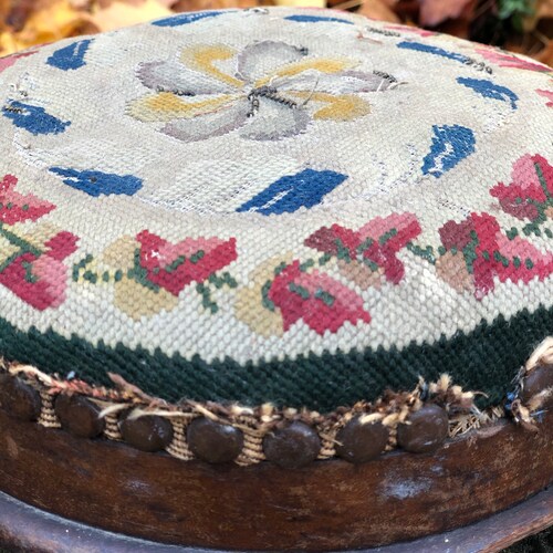 Antique Footstool, Wood Prayer Stool, Carriage Footrest, shops Floral Embroidery, Nailhead Trim, 8 1/2