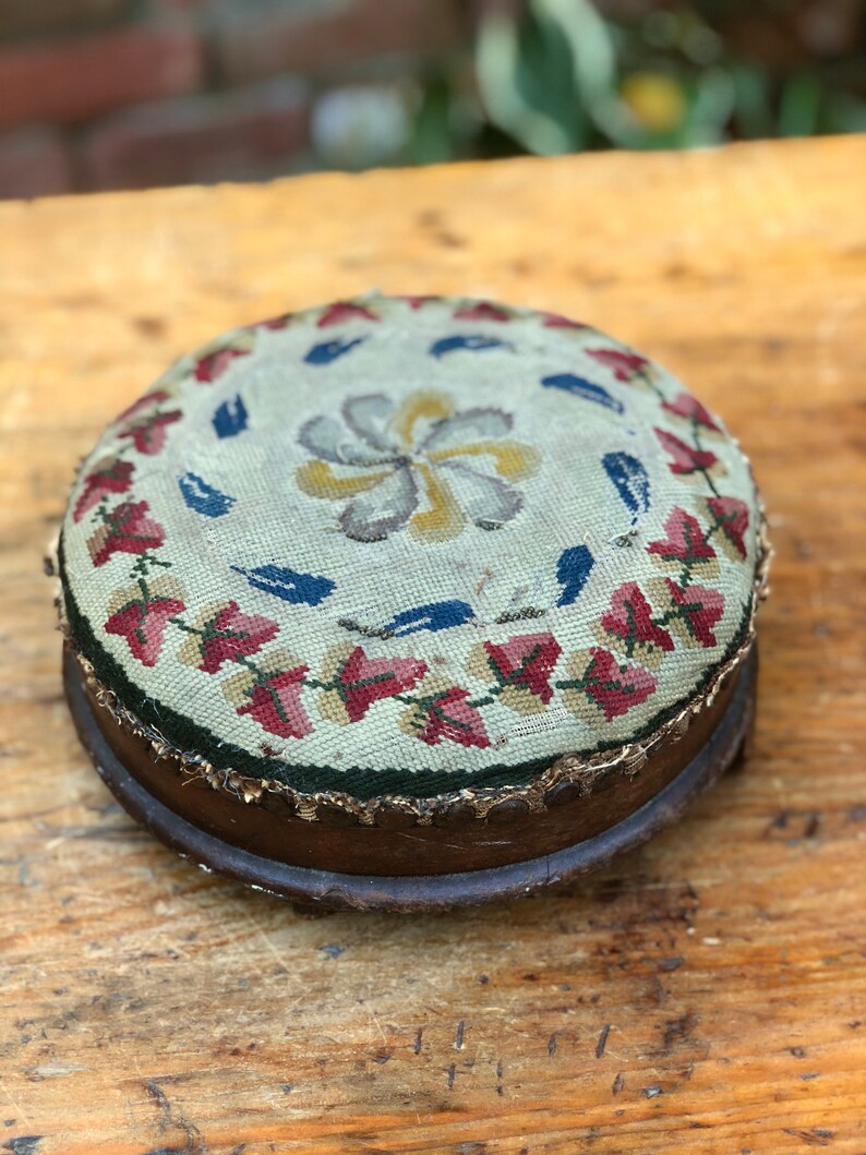 Antique Footstool, Wood Prayer Stool, Carriage Footrest, shops Floral Embroidery, Nailhead Trim, 8 1/2
