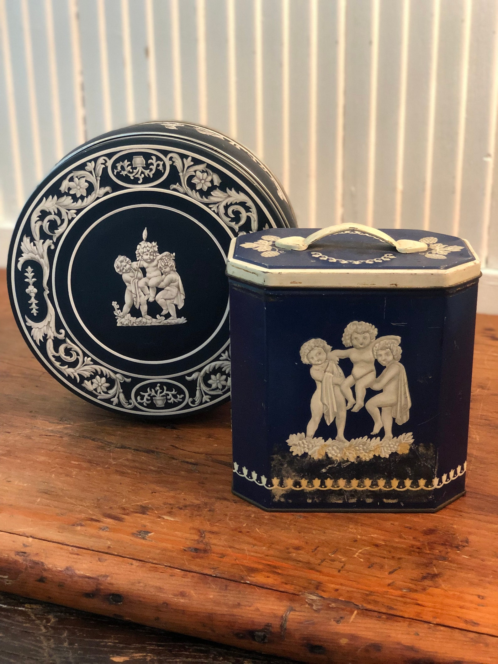Wedgwood Tins Set of 2 Navy Blue Cherub Biscuit Tins Round Etsy