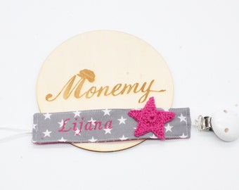 Schnullerband grau Sterne pink Stern mit Namen personalisiert / Schnullerhalter / Schnullerkette / Geschenk zur Geburt