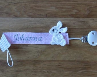 Schnullerband rosa grau Hase mit Namen personalisiert / Schnullerhalter / Schnullerkette / Geschenk zur Geburt