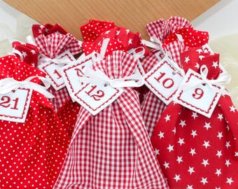 Calendrier de l'Avent / Sachets à remplir / Sachets en tissu avec chiffres, rouges et blancs