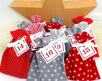 Adventskalender / Säckchen zum Befüllen / Stoffsäckchen mit Zahlen rot grau