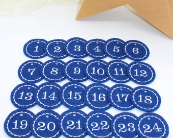 Adventskalenderzahlen blau Filz rund bestickt / Zahlen Anhänger Adventskalender