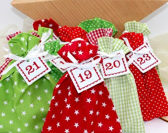 Adventskalender / Säckchen zum Befüllen / Stoffsäckchen mit Zahlen rot grün