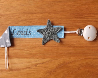 Schnullerband hellblau grau Stern mit Namen personalisiert / Schnullerhalter / Schnullerkette / Geschenk zur Geburt