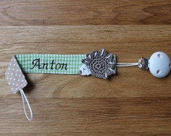 Pacifier strap green brown hedgehog personalized with name / pacifier holder / pacifier chain / gift for a birth