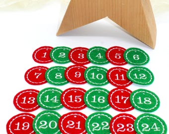 Chiffres pour calendrier de l'Avent, rouges et verts, en feutrine, ronds et brodés / Chiffres pour calendriers de l'Avent