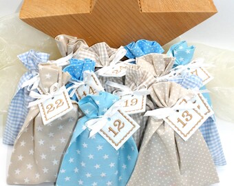 Adventskalender / Säckchen zum Befüllen / Stoffsäckchen mit Zahlen creme beige hellblau