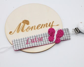 Schnullerband grau pink Schmetterling mit Namen personalisiert / Schnullerhalter / Schnullerkette / Geschenk zur Geburt