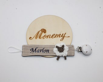 Schnullerband beige dunkelblau Schaf mit Namen personalisiert / Schnullerhalter / Schnullerkette / Geschenk zur Geburt