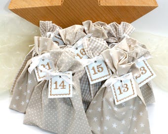 Calendrier de l'Avent / Sachets à remplir / Sachets en tissu numérotés, beige, crème, blanc