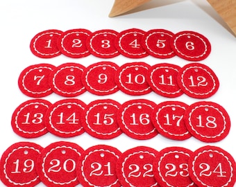 Chiffres de calendrier de l'Avent ronds en feutre rouge brodés / chiffres pendentifs / chiffres en feutre / chiffres en feutre / chiffres pour calendrier de l'Avent