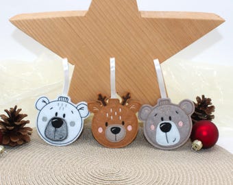 Décorations de sapin de Noël en feutre faites à la main - brodées en forme d'ours polaire, d'ours ou de cerf - Décorations de Noël et étiquettes cadeaux
