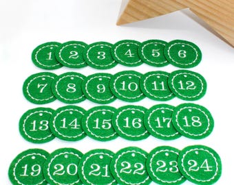 Chiffres de calendrier de l'Avent ronds en feutre vert brodés / chiffres pendentifs / chiffres en feutre / chiffres en feutre / chiffres pour calendrier de l'Avent