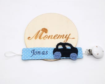 Attache-tétine bleu clair voiture bleu foncé personnalisée avec nom / porte-tétine / chaîne de sucette / cadeau de naissance