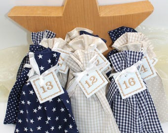 Adventskalender / Säckchen zum Befüllen / Stoffsäckchen mit Zahlen dunkelblau beige