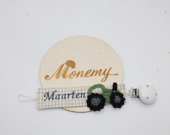 Schnullerband beige blau Traktor mit Namen personalisiert / Schnullerhalter / Schnullerkette / Geschenk zur Geburt