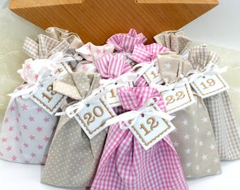 Adventskalender / Säckchen zum Befüllen / Stoffsäckchen mit Zahlen creme beige rosa