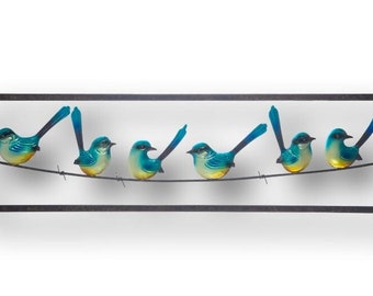 Blue Wrens On A Wire Wall Art - Handmade Metal Art - Outdoor Deck Patio House Living Garden Home Decor Unique Colourful Australian Birds