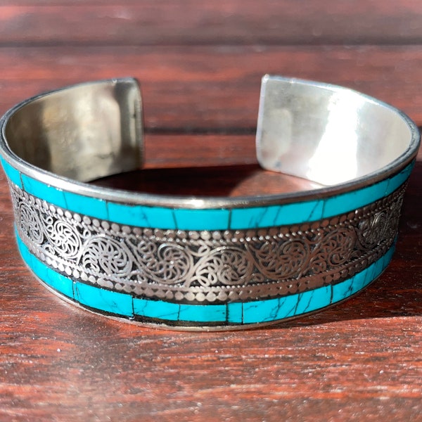 Silver And Turquoise Nepalese Tibetan Buddhist Bracelet Cuff - Handmade In Nepal Stunning Unique High Quality Nepalese Jewellery Zen Love