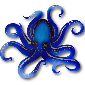 Blue Octopus Wall Art - Laser Cut Metal Art Nautical Ocean Sea Creature Mollusk Beach House Deck Patio Garden Home Decor Marine Cephalopod