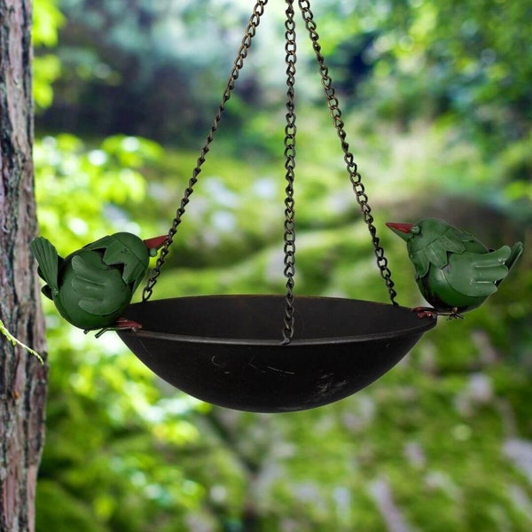 Hanging Bird Feeder With Ornamental Birds - Handmade Metal Art Home Garden Deck Patio Decor Native Avian Seed Feeder Bowl Unique Quality