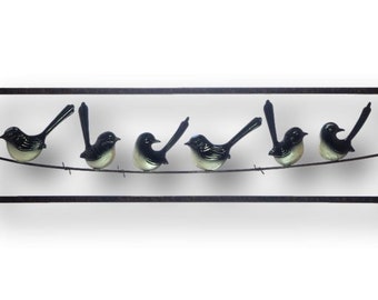 Willie Wagtails On A Wire Wall Art - Handmade Metal Art Outdoor Deck Patio House Living Garden Home Decor Unique Colourful Australian Birds