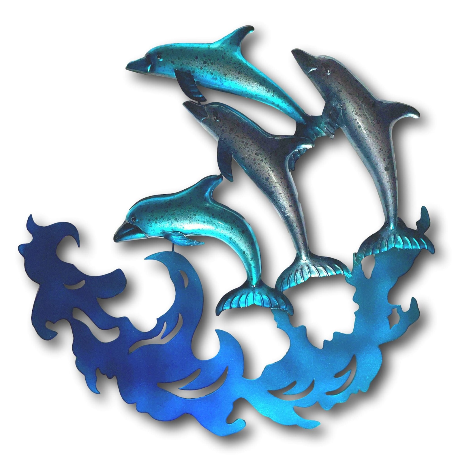 Blue Dolphins Jumping From the Waves Metal Wall Art - Handmade Beach