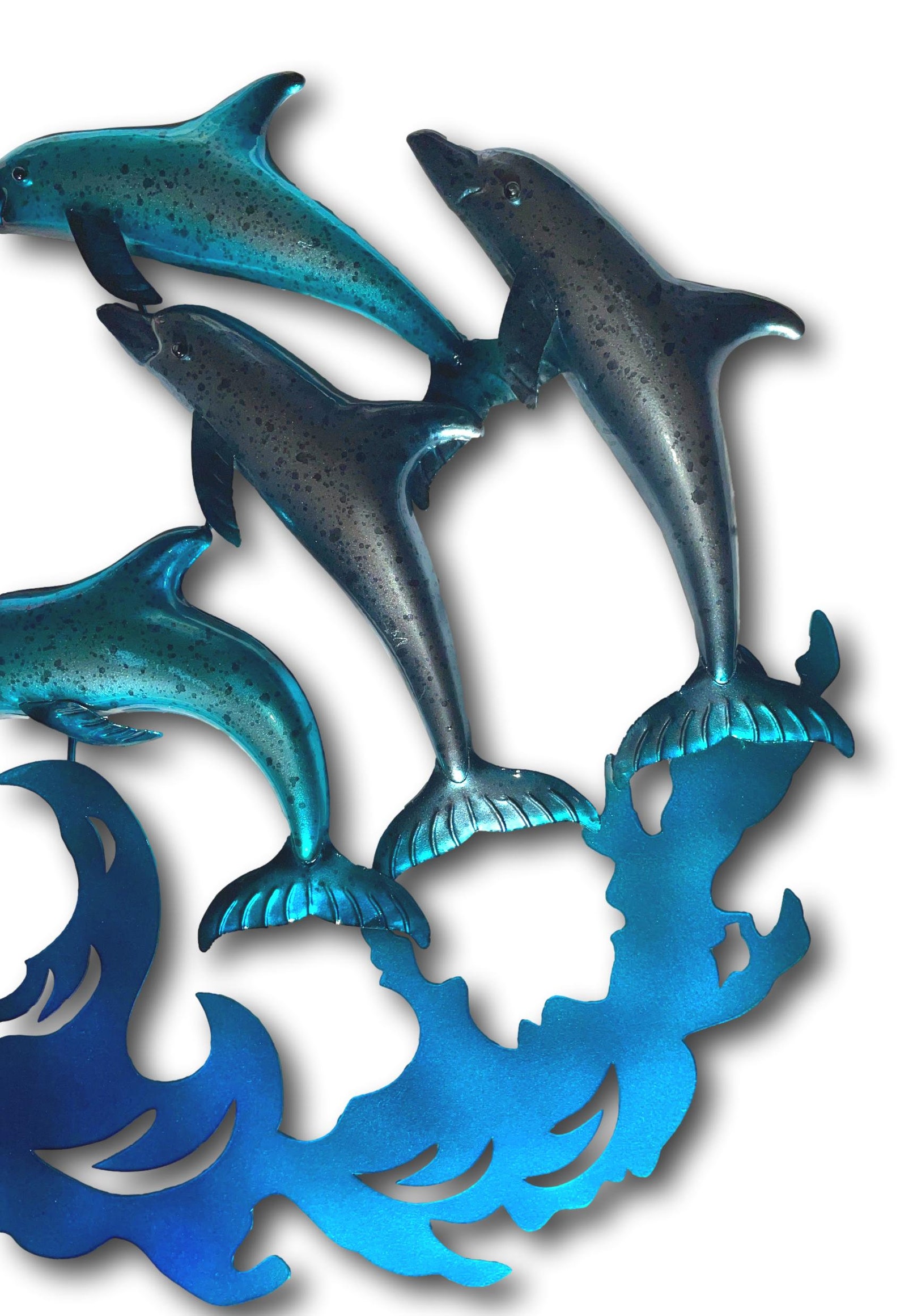 Blue Dolphins Jumping From the Waves Metal Wall Art - Handmade Beach