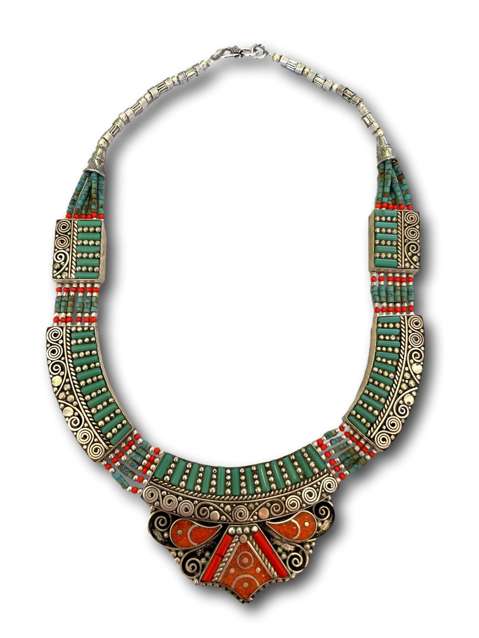Collier Bohème Fait Main Turquoise Tibétaine - Longueur 18" (45 Cm) - Argenté Plaqué - Neuf
