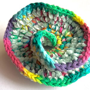 May include: A handmade, spiral-shaped crochet item in a variety of colors. The outer edge is a gradient of pink, purple, yellow, and green. The center is a light blue with flecks of other colors.