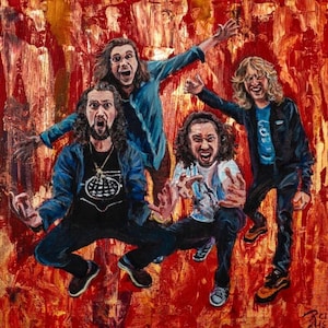 May include: An expressive painting of a rock band with four members, set against a vibrant red and orange background. The band members are depicted with animated expressions, wearing casual attire, and appear to be mid-performance.