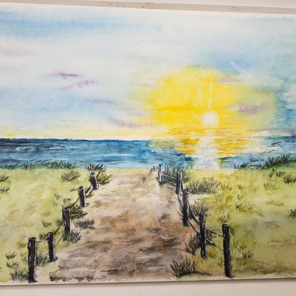 Original Aquarell, Unikat, Blick auf die See mit Sonnenuntergang, Malerei, Bild, Dekoration