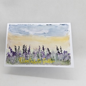 Aquarell,  original, Klappkarte Lavendelwiese, Allerbeste Grüße,  Unikat,kein Druck