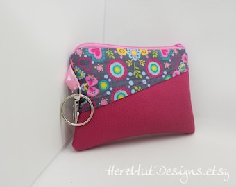 Kleiner Geldbeutel mit Karabiner und Schlüsselring, Pink