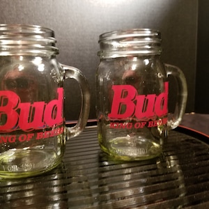 Set of 2 Bud  &quot;King of Beers&quot; Mason Jar Glass, Glasses.